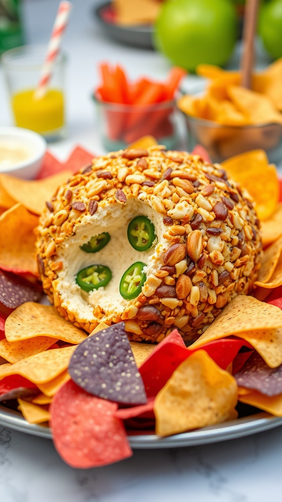 A spicy jalapeño cheese ball surrounded by tortilla chips on a festive table.